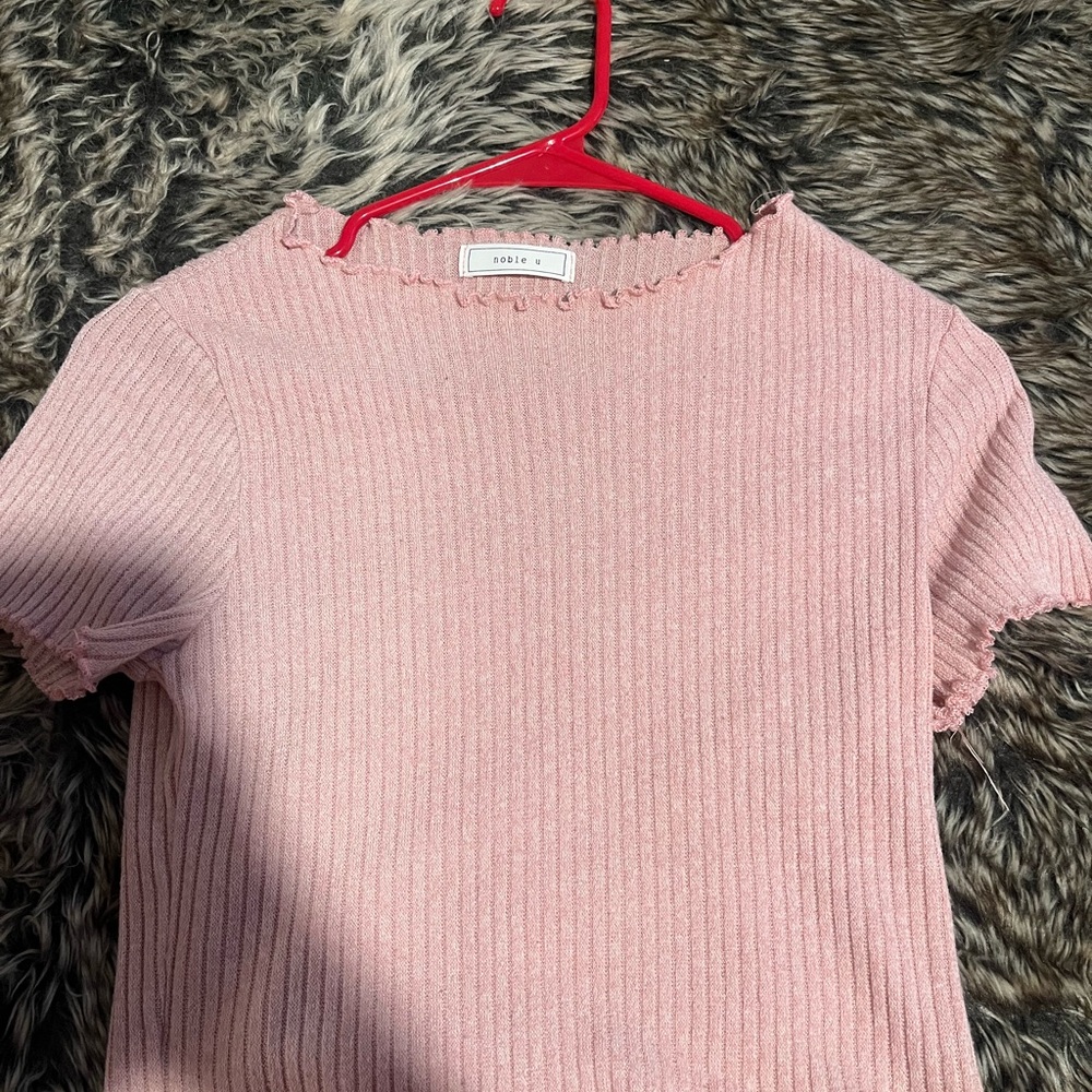 Noble U Blush Ribbed Top with Ruffled Neckline
